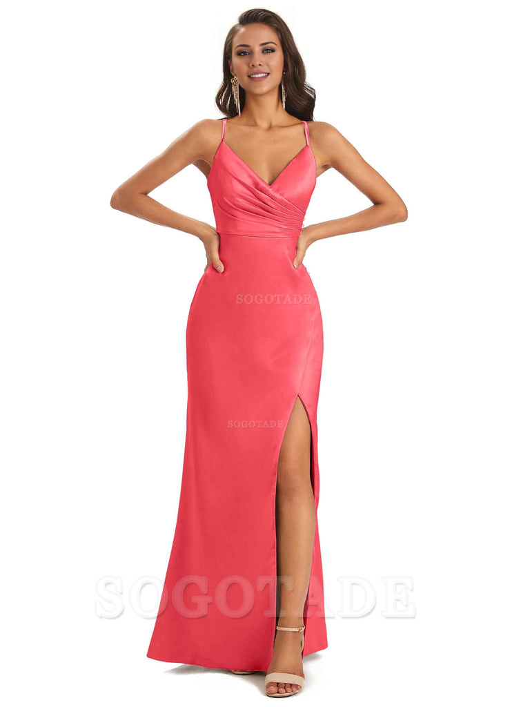 Soft Satin Side Slit Spaghetti Straps Long Unique Mermaid Bridesmaid Dresses Elegant Evening Party Dress