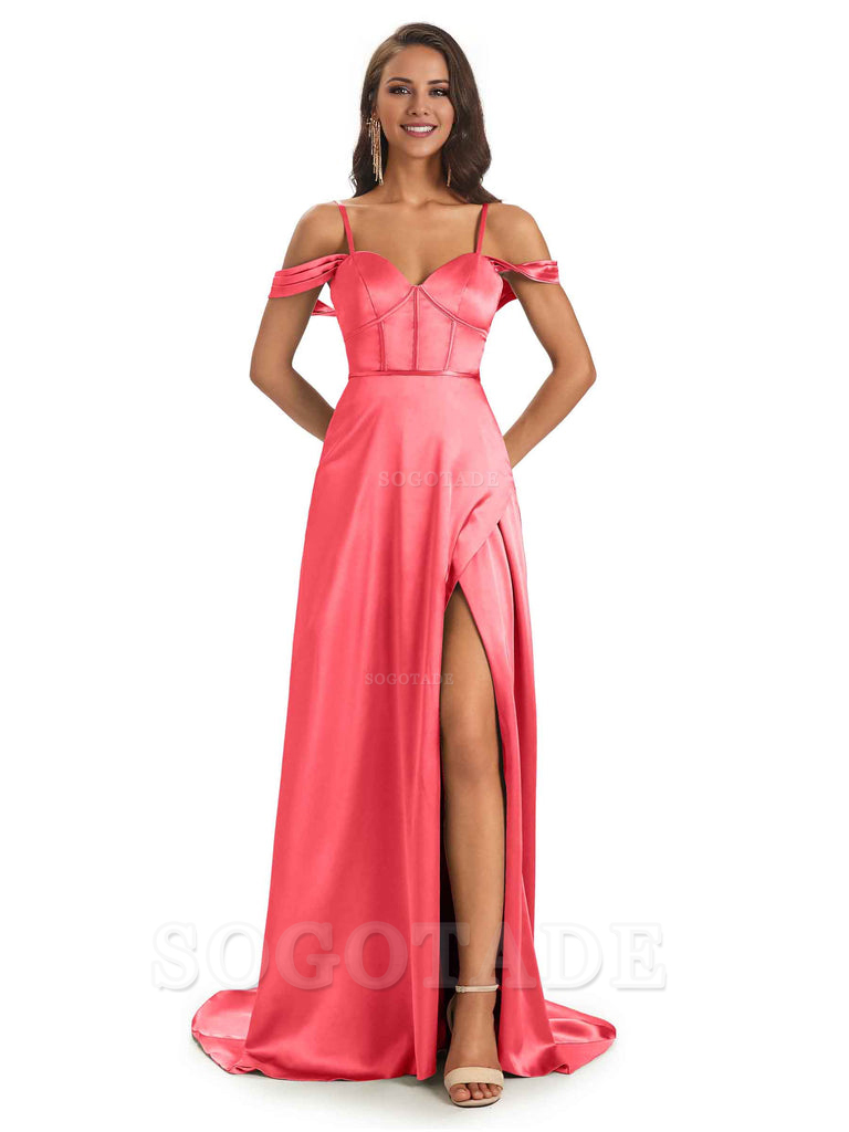 Stylish Soft Satin Side Slit Spaghetti Straps Bridesmaid Dresses Elegant Evening Party Dress
