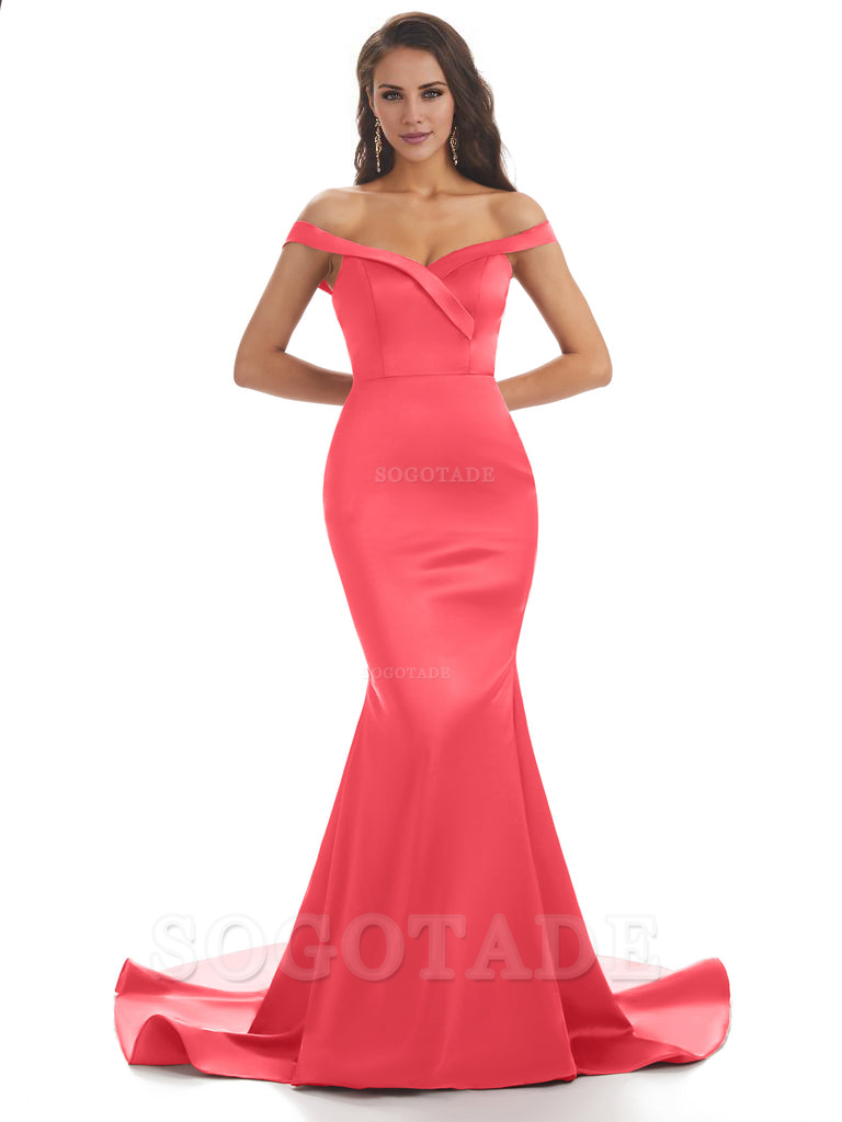 Elegant Off The Shoulder Soft Satin Mermaid Long Bridesmaid Dresses Charming Evening Party Dress
