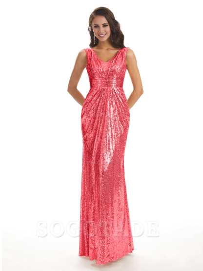 Sparkly V-Neck Sequin Long Mermaid Bridesmaid Dresses Sleeveless Charming Evening Party Dress