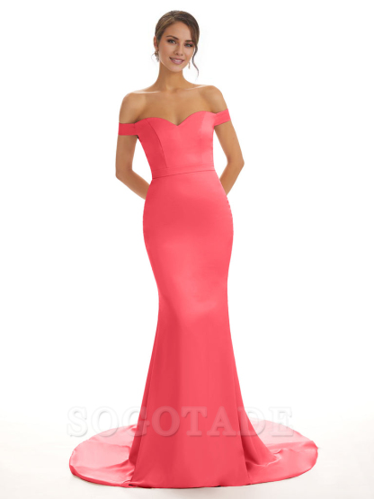 Elegant Off The Shoulder Satin Long Mermaid Bridesmaid Dresses
