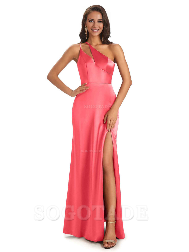 Sexy Soft Satin Side Slit One Shoulder Floor-Length Mermaid Long Bridesmaid Dresses Elegant Evening Party Dress