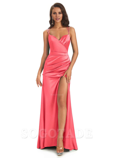 Sexy Soft Satin Side Slit Spaghetti Straps Long Maxi Mermaid Bridesmaid Dresses Elegant Evening Party Dress
