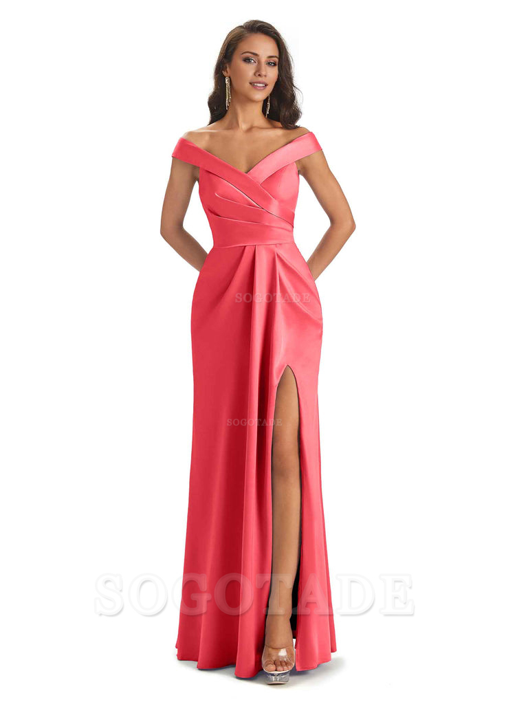 Sexy Soft Side Slit Off Shoulder V-Neck Long Satin Ladies Bridesmaid Dresses Elegant Evening Party Dress