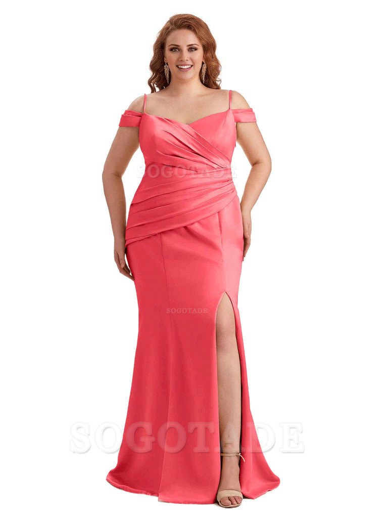 Elegant Cold Shoulder Side Slit Mermaid Soft Satin Long Plus Size Bridesmaid Gowns