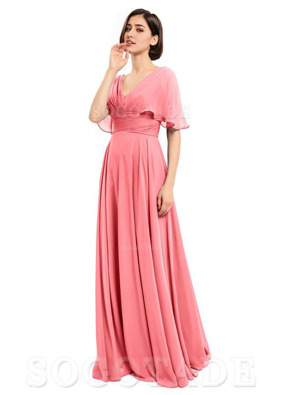 V-Neck Cap Sleeves Sleeves Chiffon Long Elegant Bridesmaid Dresses Formal Wear Dresses