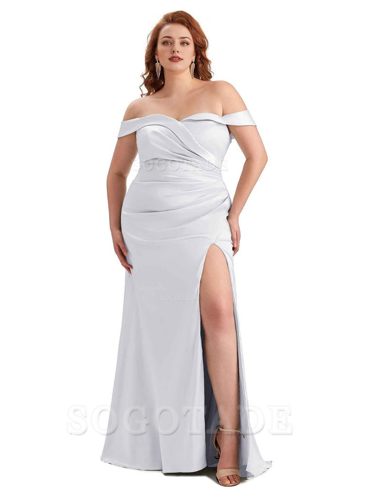 Sexy Side Slit Off Shoulder Mermaid Soft Satin Long Plus Size Bridesmaid Gowns For Wedding