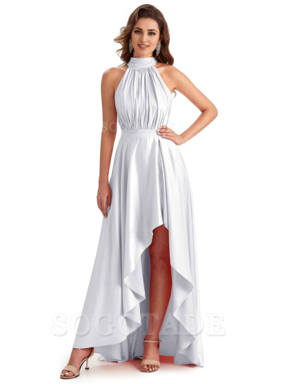 Soft Satin High Neck High Low A-Line Unique Bridesmaid Dresses Online