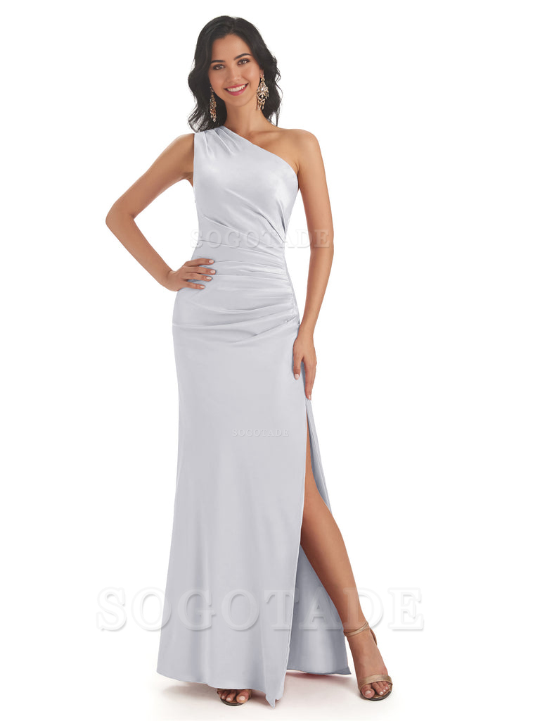 Mermaid One Shoulder Satin formal dresses evening gown Bridesmaid Dresses With Side Slit 