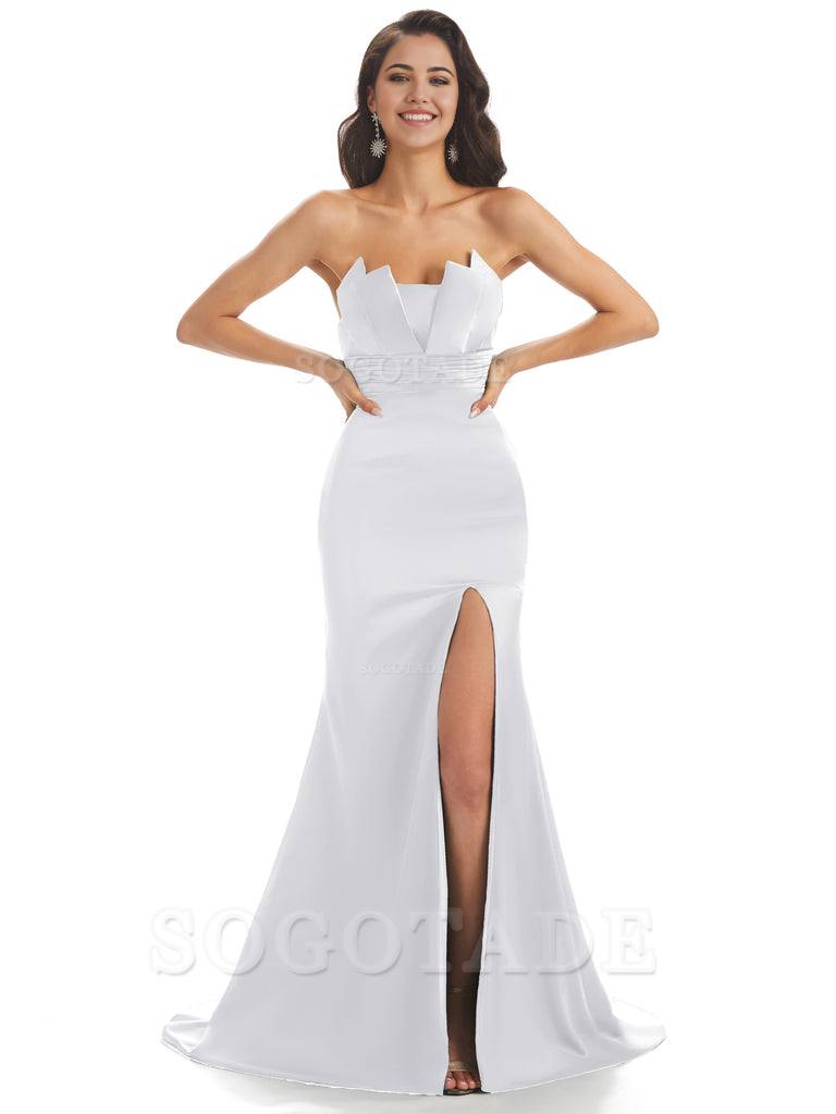 Mermaid sleeveless Satin formal dresses evening gown Bridesmaid Dresses With Side Slit 