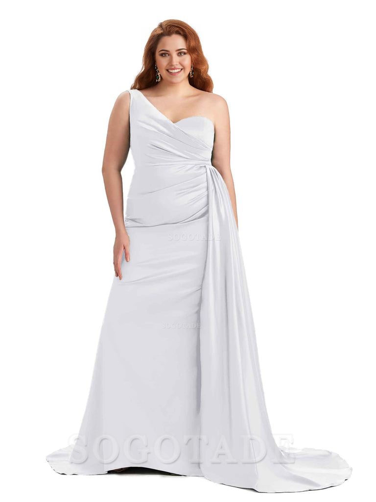 Sexy One Shoulder Sleeveless Mermaid Soft Satin Long Plus Size With Train Bridesmaid Gowns