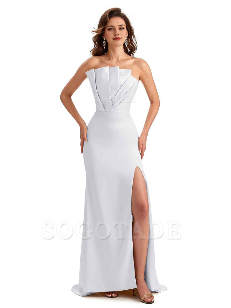 Unique Soft Satin Side Slit Asymmetrical Neckline Mermaid Long Bridesmaid Dresses