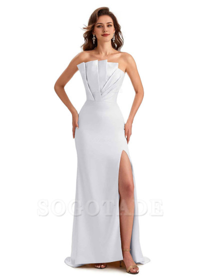 Unique Soft Satin Side Slit Asymmetrical Neckline Mermaid Long Bridesmaid Dresses