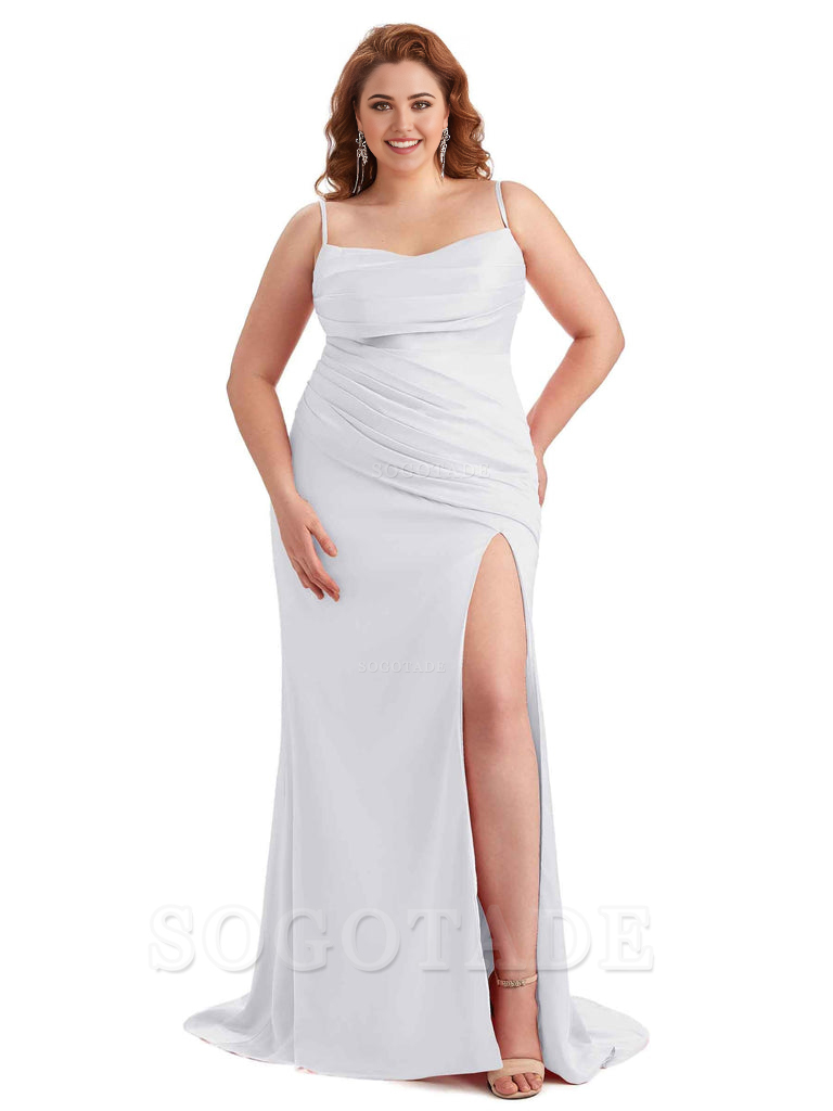 Sexy Side Slit Spaghetti Straps Mermaid Soft Satin Long Plus Size Bridesmaid Dress For Wedding