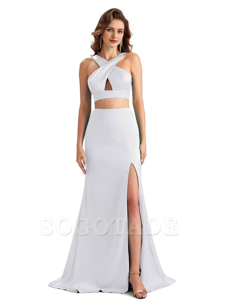 Sexy Side Slit Mermaid Silky Satin Halter Two Pieces Unique Long Bridesmaid Dresses