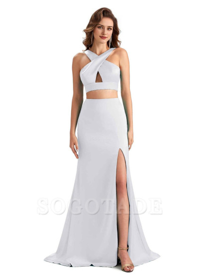 Sexy Side Slit Mermaid Silky Satin Halter Two Pieces Unique Long Bridesmaid Dresses
