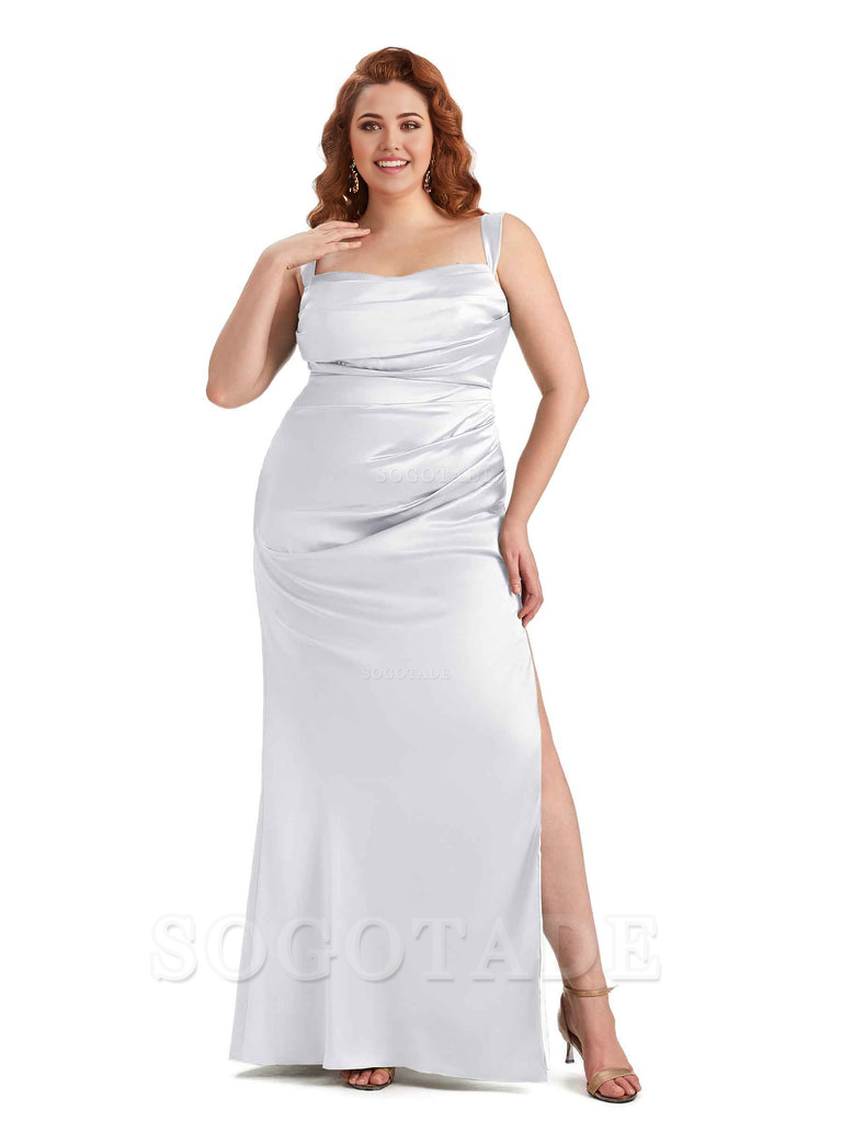 Sexy Side Slit Mermaid Wide Straps Soft Satin Long Plus Size Maid of Bridesmaid Dresses