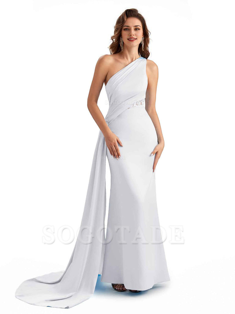 Sexy Mermaid Silky Satin One Shoulder Lace See Through Long Bridesmaid Dresses Online