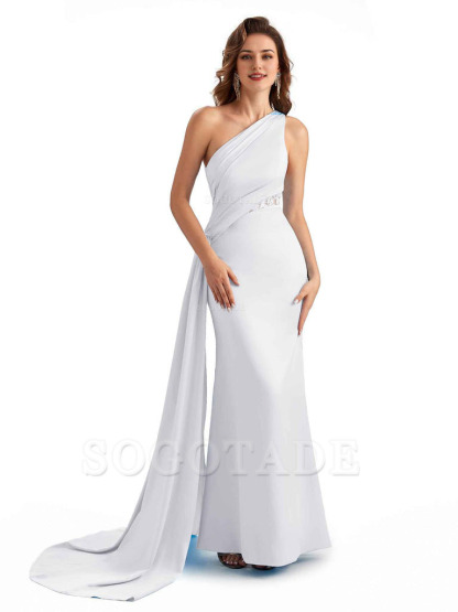 Sexy Mermaid Silky Satin One Shoulder Lace See Through Long Bridesmaid Dresses Online