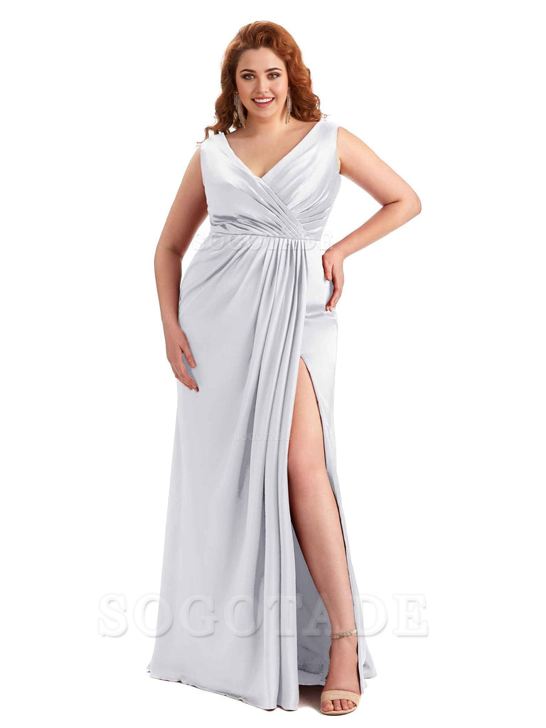 Mermaid V-Neck Satin formal dresses evening gown Bridesmaid Dresses With Side Slit 