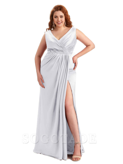 Mermaid V-Neck Satin formal dresses evening gown Bridesmaid Dresses With Side Slit 