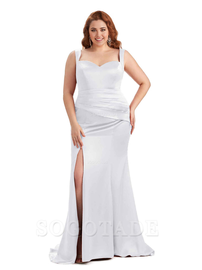 Sexy Side Slit Sleeveless Mermaid Straps Soft Satin Long Plus Size Maid of Bridesmaid Dresses