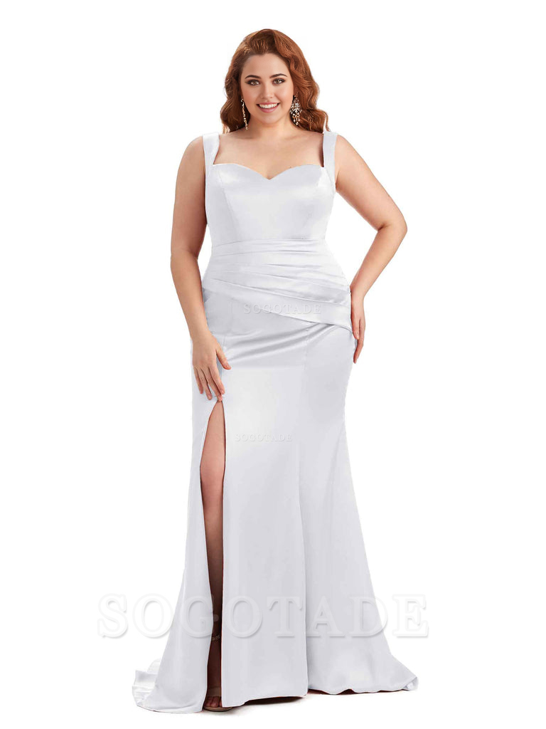 Sexy Side Slit Sleeveless Mermaid Straps Soft Satin Long Plus Size Maid of Bridesmaid Dresses