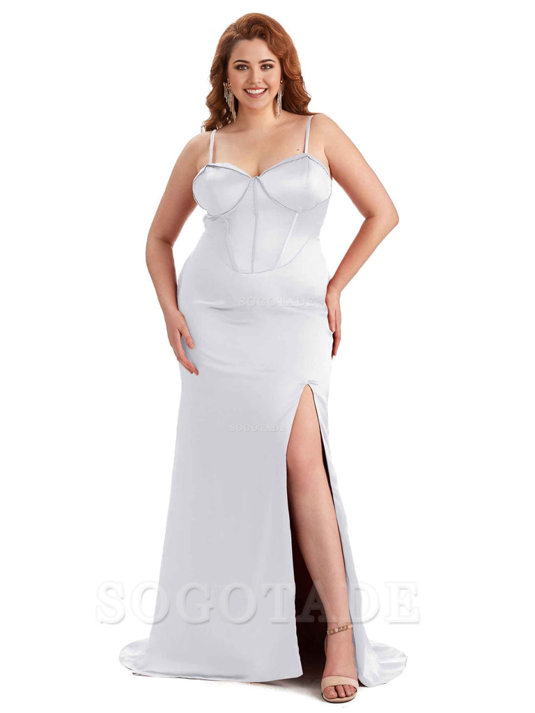 Sexy Spaghetti Straps Side Slit Sleeveless Mermaid Soft Satin Long Bridesmaid Dress Plus Size Dress To Wear to a Wedding
