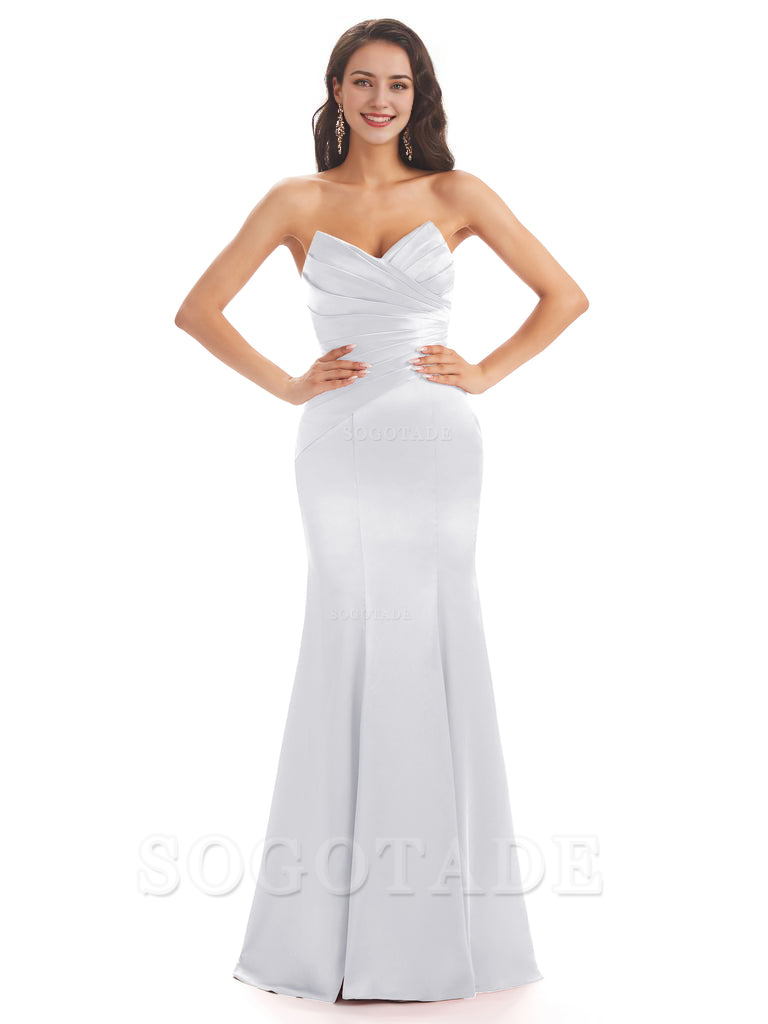 Simple Strapless Sweetheart Soft Satin Mermaid Long Bridesmaid Dresses prom shop dresses