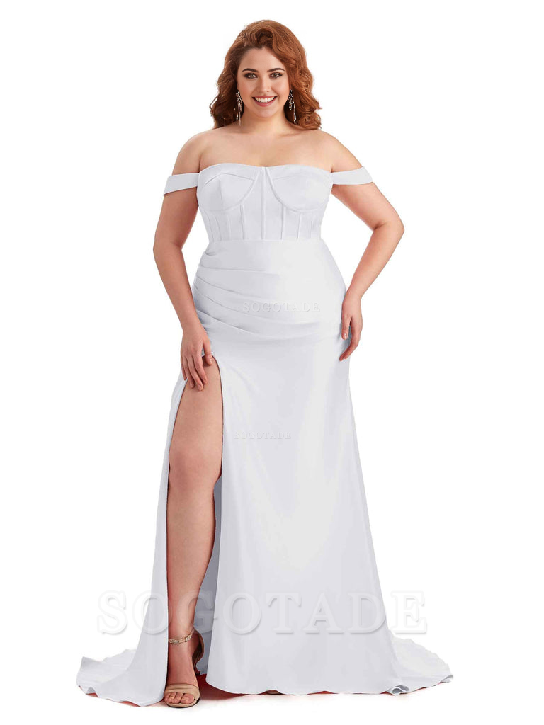 Elegant Off The Shoulder Side Slit Mermaid Soft Satin Floor Length Long Plus Size Bridesmaid Gowns