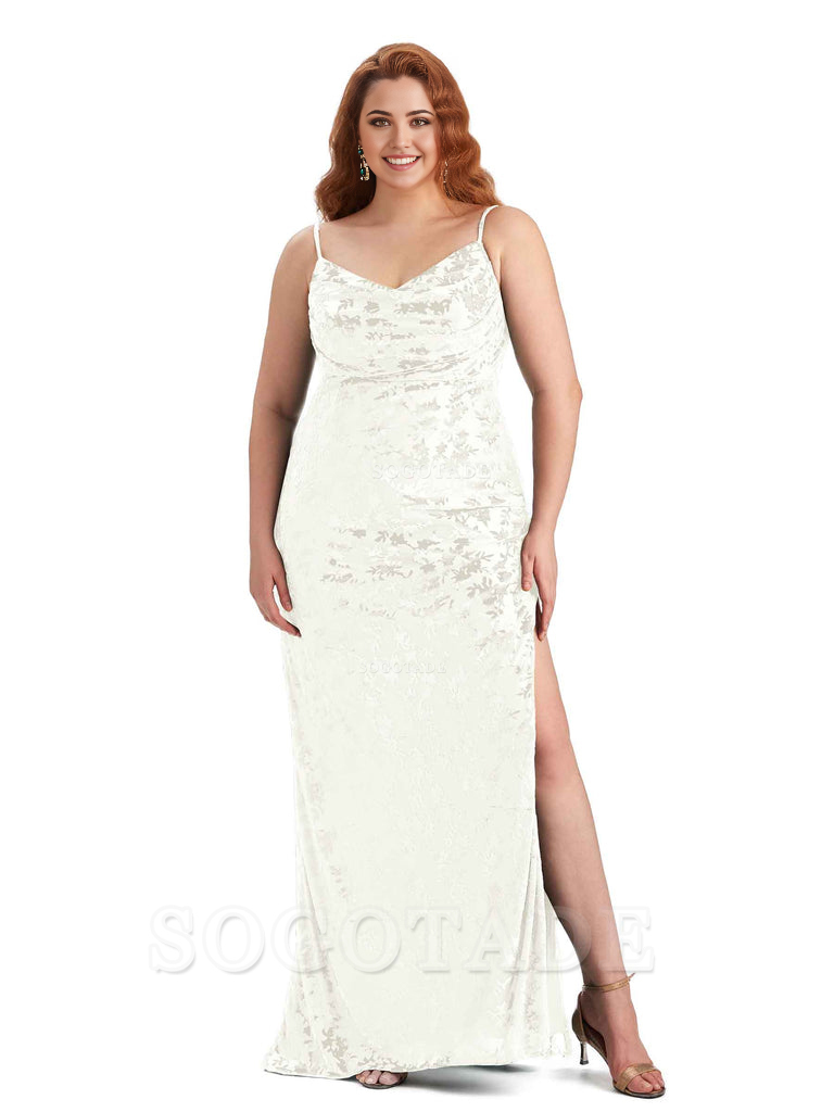 Sexy Side Slit Spaghetti Straps Mermaid Floral Velvet Long Plus Size Bridesmaid Dresses For Wedding