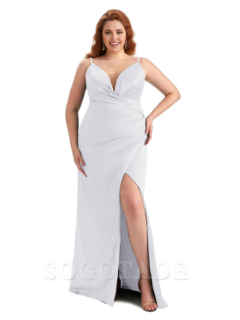 Sexy Side Slit Spaghetti Straps Sleeveless Mermaid V-neck Soft Satin Long Plus Size Bridesmaid Dress For Wedding