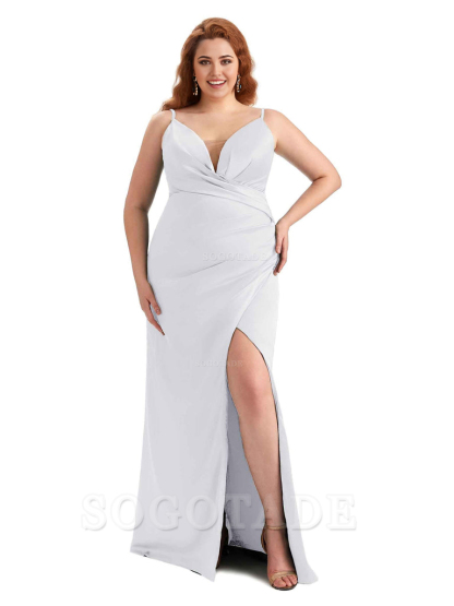 Sexy Side Slit Spaghetti Straps Sleeveless Mermaid V-neck Soft Satin Long Plus Size Bridesmaid Dress For Wedding