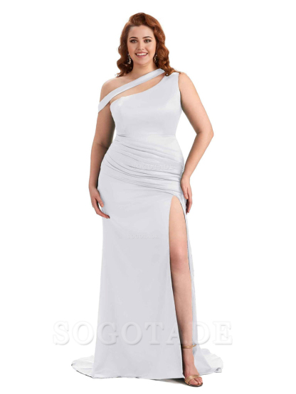Sexy Mermaid Sleeveless One Shoulder Side Slit Soft Satin Long Plus Size Bridesmaid Dress