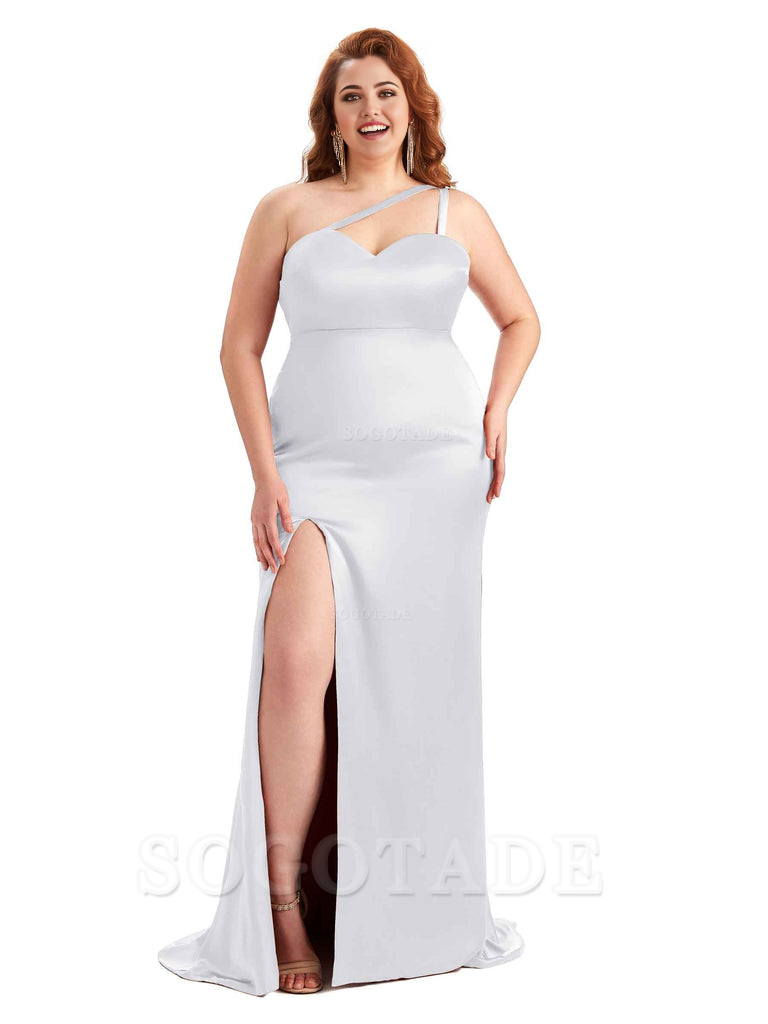 Sexy Side Slit Sleeveless Mermaid One Shoulder Soft Satin Long Plus Size Bridesmaid Dress For Wedding