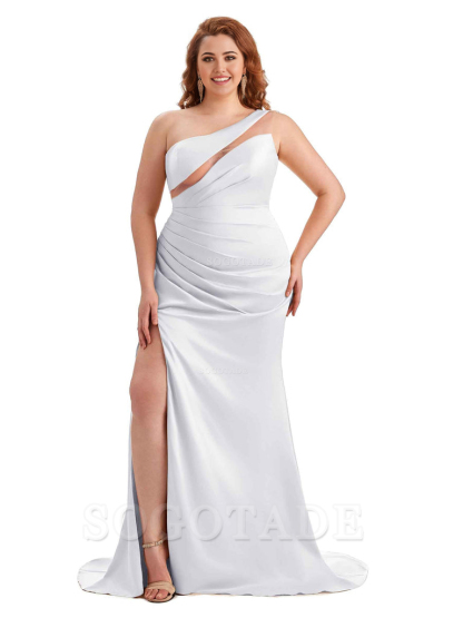 Sexy Unique Sleeveless One Shoulder Side Hight Slit Mermaid Soft Satin Long Plus Size Maid of Honour Dresses