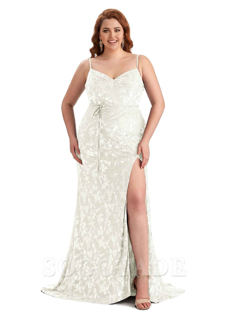 Sexy Side Hight Split Sleeveless Mermaid Spaghetti Straps Floral Velvet Long Plus Size Bridesmaid Gowns