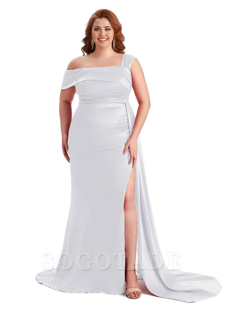 Sexy Side Hight Slit One Shoulder Mermaid Soft Satin Long Plus Size With Train Matron of Honor Dresses
