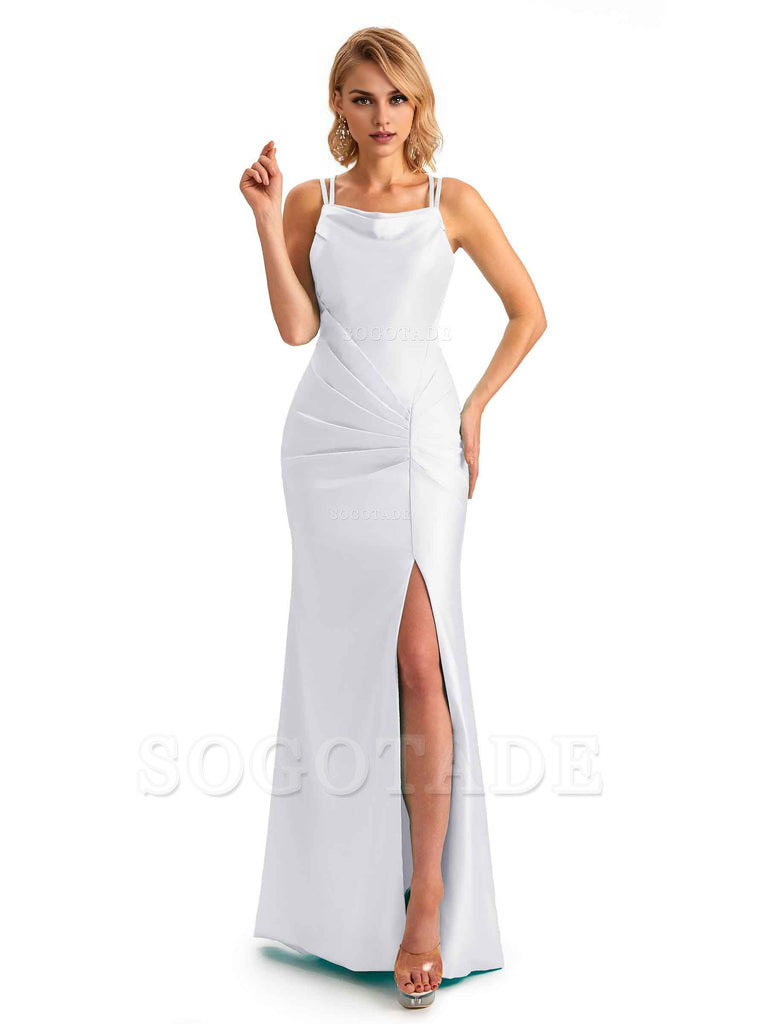 Soft Satin Spaghetti Straps Side Slit Long Unique Mermaid Beautiful Dresses For Wedding