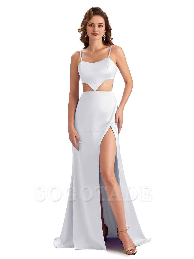 Sexy Satin Side Slit Spaghetti Straps Mermaid Long Unique Curve Wedding Guest Dresses