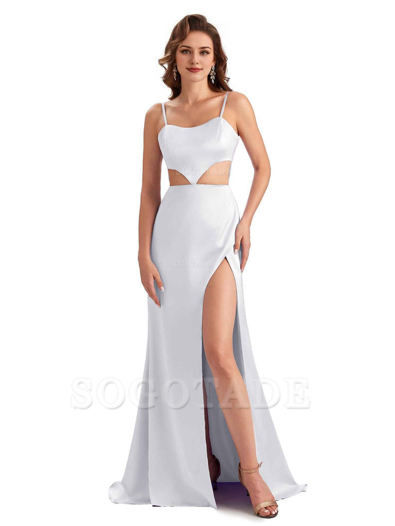 Sexy Satin Side Slit Spaghetti Straps Mermaid Long Unique Curve Wedding Guest Dresses