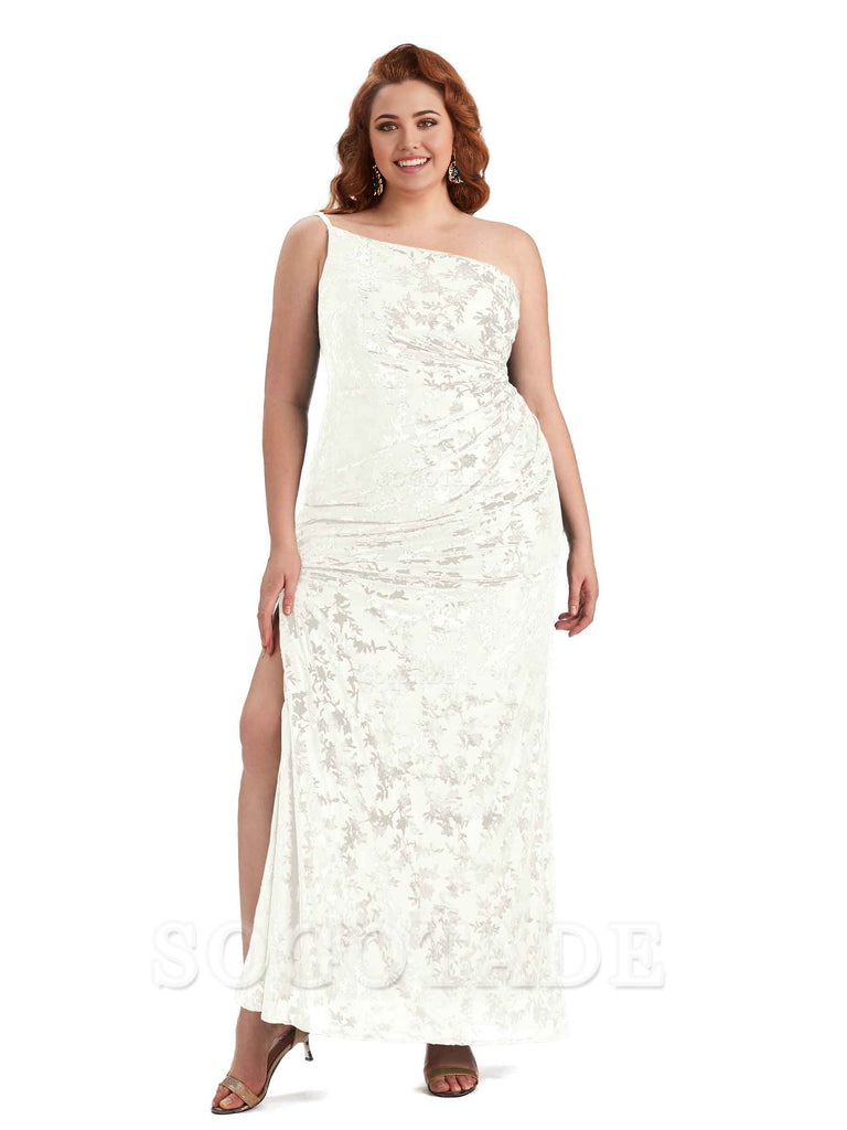 Sexy Mermaid Sleeveless One Shoulder Side Slit Floral Velvet Long Plus Size Bridesmaid Dresses