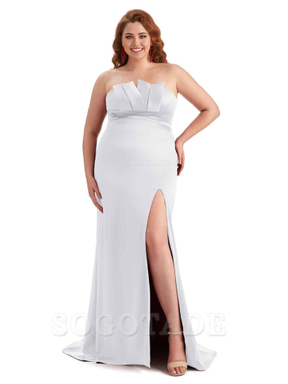 Sexy Side Slit Sleeveless Mermaid Soft Satin Long Plus Size Wedding Party Dresses For Wedding