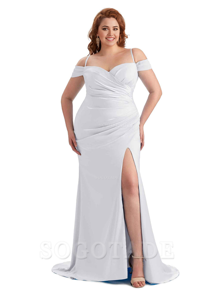 Sexy Side Slit Sleeveless Cold Shoulder Mermaid Soft Satin Long Plus Size Maid of Honor Dresses