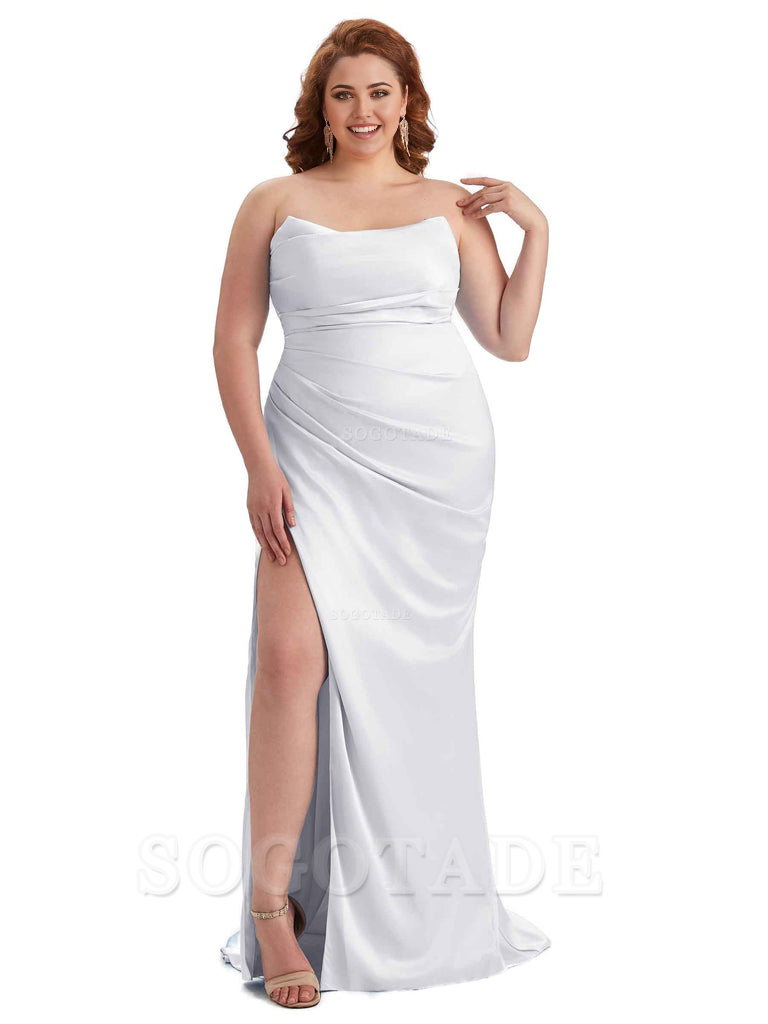 Sexy Side Slit Sleeveless Strapless Mermaid Soft Satin Long Plus Size Bridesmaid Dresses For Wedding