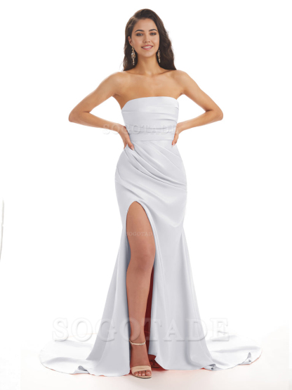 Mermaid Strapless Floor-Length Satin formal dresses evening gown Bridesmaid Dresses With Side Slit 