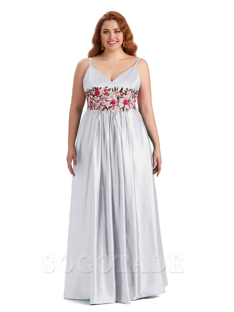 Unique Lace Spaghetti Straps Sleeveless Soft Satin Long Plus Size Bridesmaid Dress For Wedding