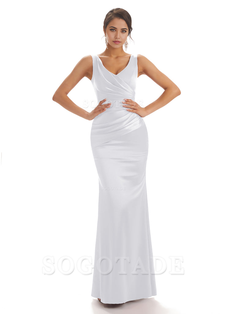 Sheath Sleeveless V-neck Floor-Length Satin formal dresses evening gown Bridesmaid Dresses With Pleats 