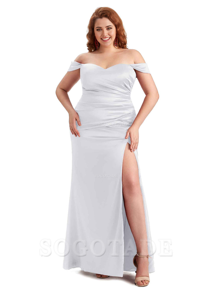 Sexy Off The Shoulder Sleeveless Side Slit Mermaid Soft Satin Long Plus Size Bridesmaid Dresses