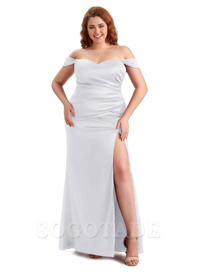 Sexy Off The Shoulder Sleeveless Side Slit Mermaid Soft Satin Long Plus Size Bridesmaid Dresses